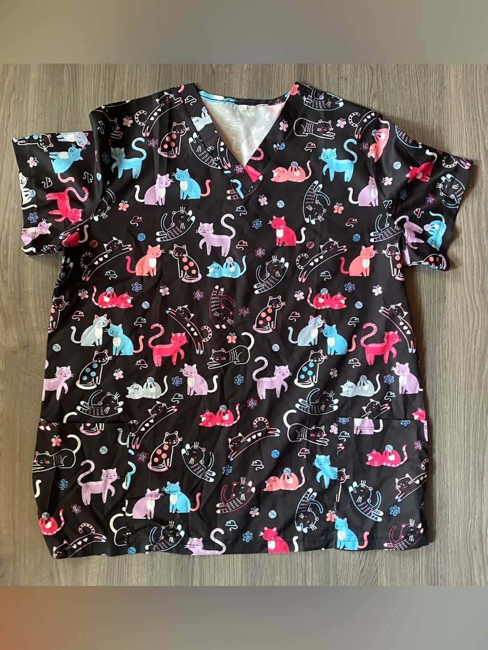 Source Unknown Black Cat Print Scrub with Pink, Blue and Purple Accents